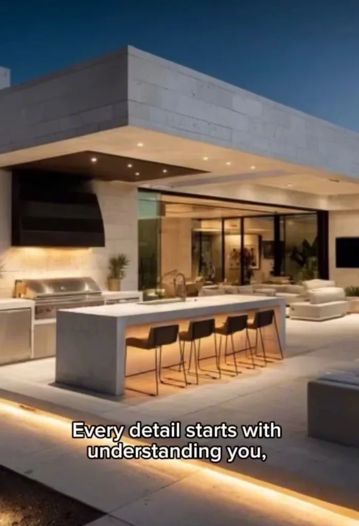Modern outdoor kitchen with concrete island, stainless steel grill, LED lighting, and glass sliding doors
