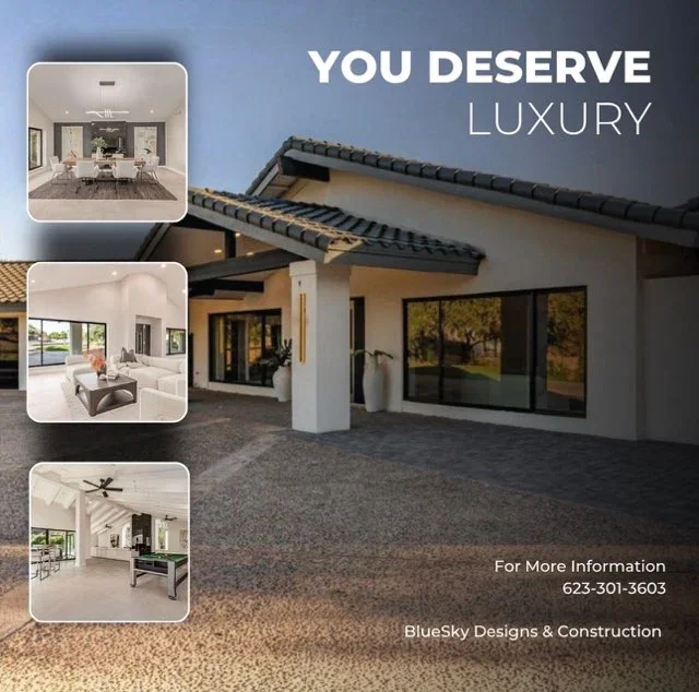 Modern home exterior with black-framed glass doors, stucco walls, and open patio; interior views of contemporary living spaces with polished concrete floors