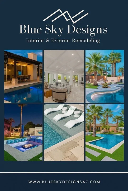 Pool deck with travertine pavers, lounge chairs, palm trees, and modern home exterior with lighting