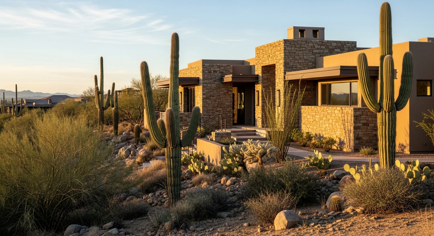 Desert hillside home in Cave Creek with natural stone exterior and mature saguaro cacti in the foreground.