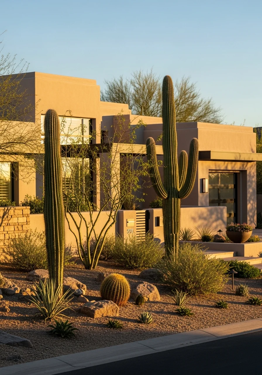 Scottsdale residential property detail showing high-end exterior finishes and manicured desert landscape design.