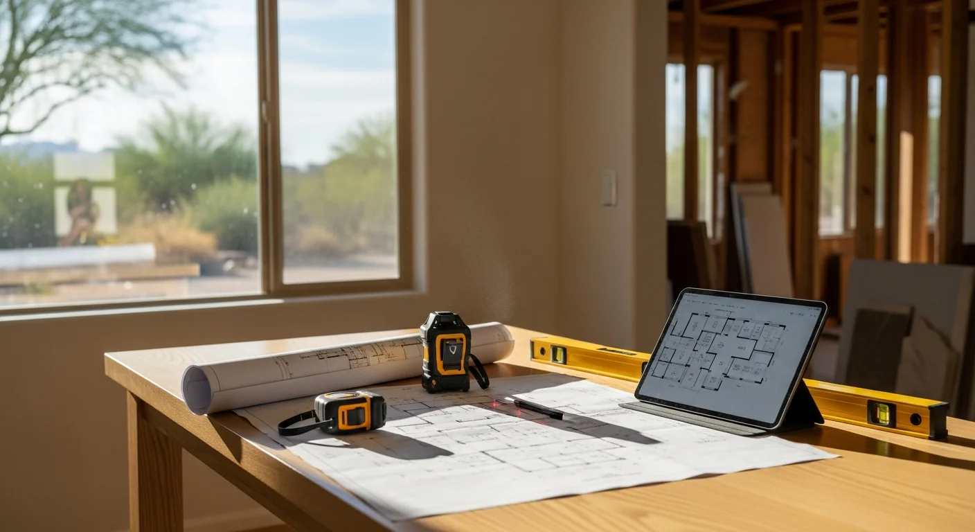 A Blue Sky Designs contractor reviewing renovation plans with a Cave Creek homeowner inside a single-story desert home. The consultation takes place in a living area with natural light and open sightlines to an outdoor patio.